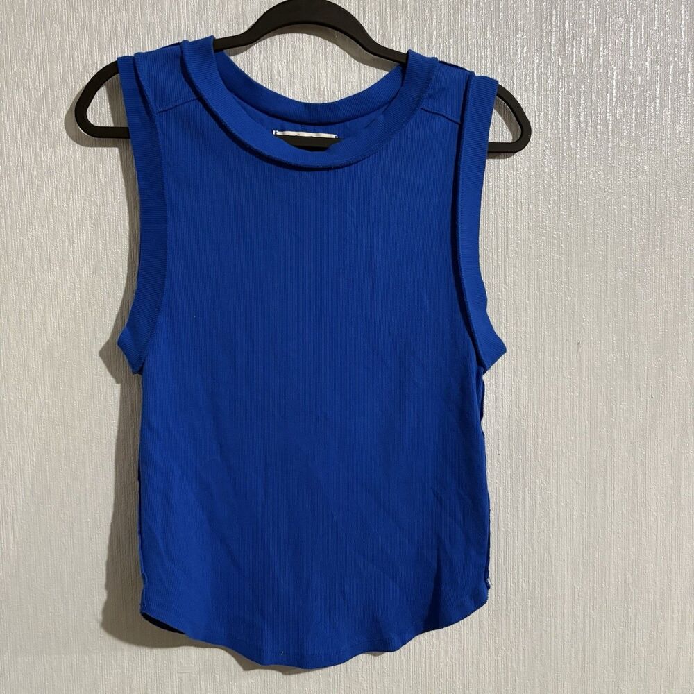 We the Free People Kate Sleeveless Blue Raw Hem Tank Top Ribbed Stretch Women XL